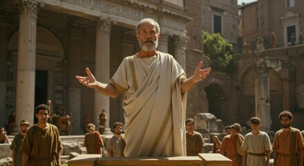 Eloquent Roman Senator Addresses the Forum Audience with Passionate Delivery