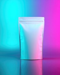 A blank, stand-up foil pouch reflects vibrant teal and purple light on a glossy surface