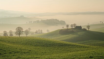 A misty morning landscape with rolling green hills and a small house on a hill in the distance