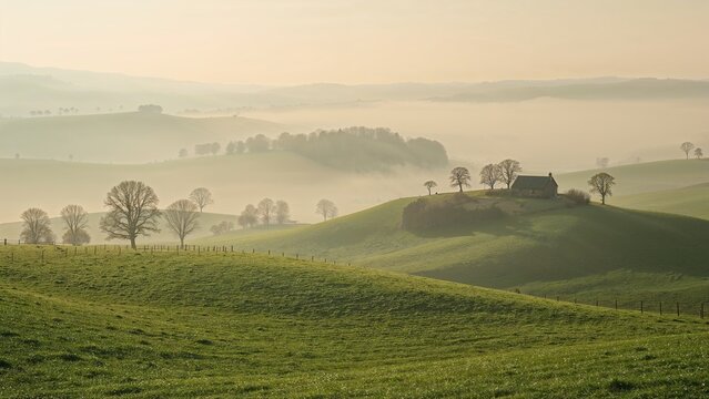 A misty morning landscape with rolling green hills and a small house on a hill in the distance - Powered by Adobe
