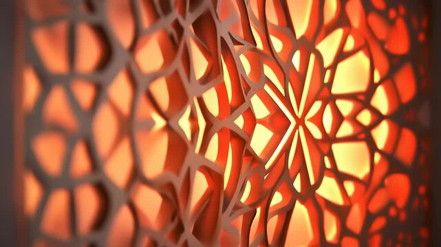 Intricate geometric patterns illuminated by warm orange light, creating a captivating ambiance
