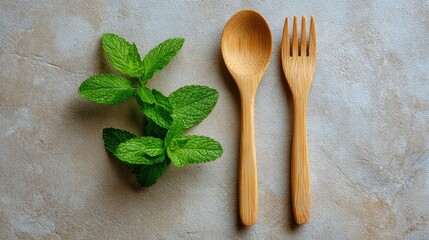 wooden, spoon, fork, cutlery, mint, leaves, herbs, fresh, green, natural, kitchen, utensil, tool, tableware, organic, eco, flatlay, background, beige, stone, rustic, food, healthy, cooking, dining, mi