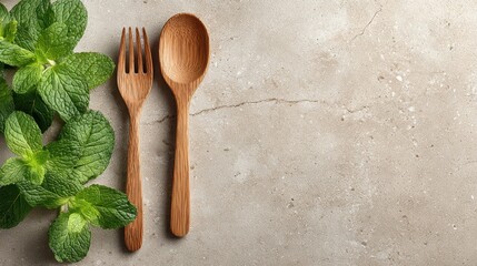 wooden, spoon, fork, cutlery, mint, leaves, herbs, fresh, green, natural, kitchen, utensil, tool, tableware, organic, eco, flatlay, background, beige, stone, rustic, food, healthy, cooking, dining, mi