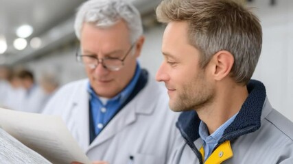 Expert Examination: A focused scene of two industry professionals engaged in a detailed review, demonstrating collaboration and precision.