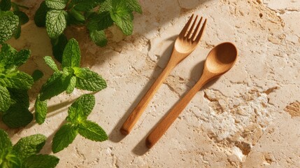 wooden, spoon, fork, cutlery, mint, leaves, herbs, fresh, green, natural, kitchen, utensil, tool, tableware, organic, eco, flatlay, background, beige, stone, rustic, food, healthy, cooking, dining, mi