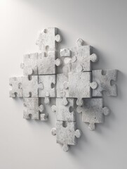 A cluster of off-white stone jigsaw puzzle pieces, artfully arranged against a stark white background, casts a subtle shadow