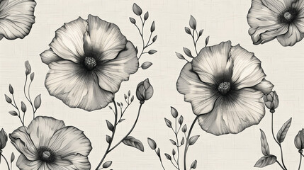 Monochrome floral line art pattern on beige fabric background.