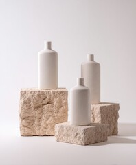 Three matte white cylindrical vases of varying heights sit atop two textured, light beige stone blocks against a bright white background, illuminated by soft, diffused light