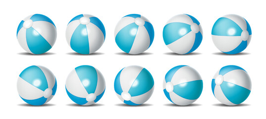 Set of ten blue and white beach balls arranged in various positions, ideal for summer themes and leisure activities, isolated on white background