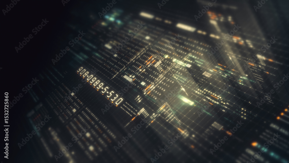 Poster Futuristic network simulation blending AI, quantum physics, and deep learning, with a particle matrix analyzing data in a sleek, background animation display
