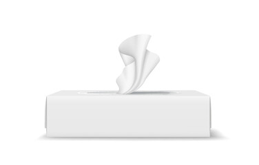 Realistic illustration of a white tissue box with a single tissue emerging. Minimalist design in neutral colors, perfect for hygiene or healthrelated themes.