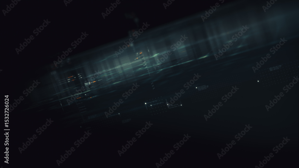 Poster Futuristic network simulation blending AI, quantum physics, and deep learning, with a particle matrix analyzing data in a sleek, background animation display