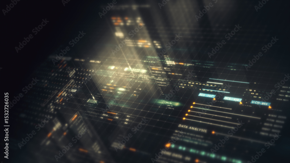 Poster Futuristic network simulation blending AI, quantum physics, and deep learning, with a particle matrix analyzing data in a sleek, background animation display