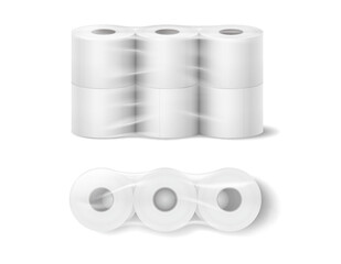 Illustration of a set of white toilet paper rolls in plastic packaging. Realistic style with a clean, minimalistic look. Useful for hygiene product advertisements.