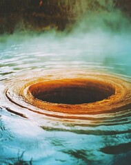 A swirling, steaming pool of water reveals a dark, circular opening in its center, surrounded by concentric ripples