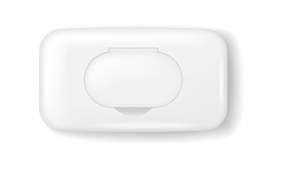 White plastic packaging photographed from above. The rectangular container holds wet wipes. Minimalistic design is suitable for hygiene products. Clean and simple.