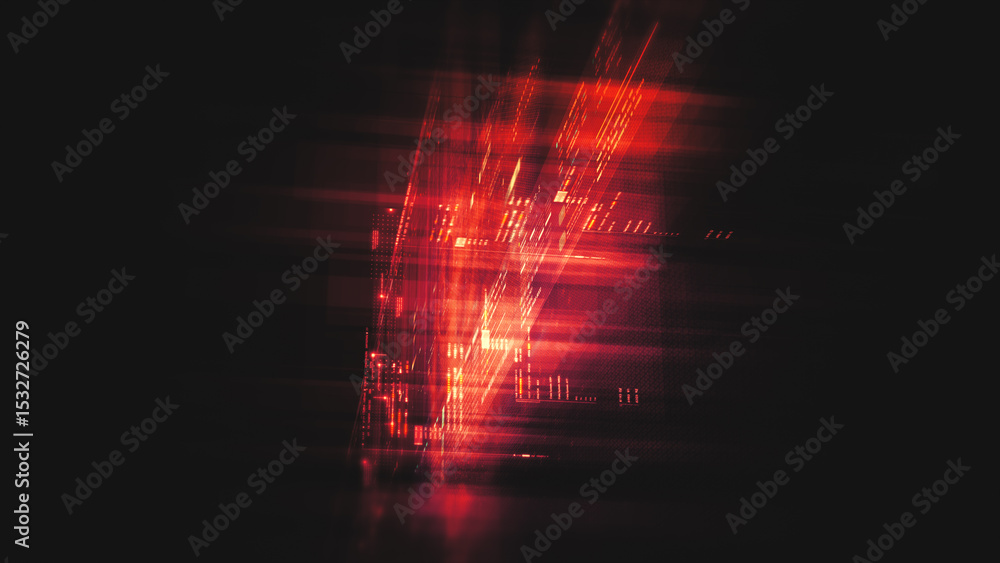 Poster Futuristic network simulation blending AI, quantum physics, and deep learning, with a particle matrix analyzing data in a sleek, background animation display