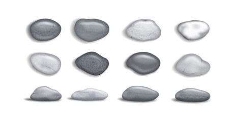 Collection of smooth gray stones in different shapes and sizes. Each stone is isolated on a white background. Ideal for design, background, and relaxation themes.