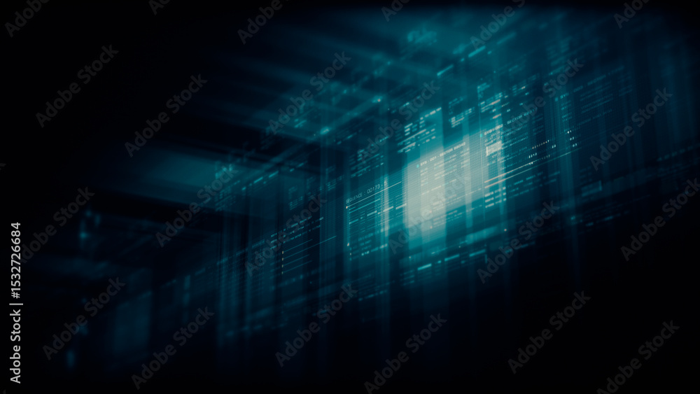 Poster Futuristic network simulation blending AI, quantum physics, and deep learning, with a particle matrix analyzing data in a sleek, background animation display