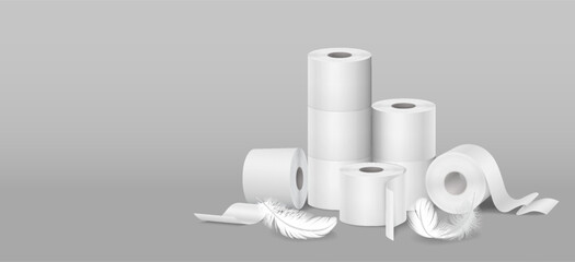 Illustration of white toilet paper rolls stacked neatly. Soft feathers surrounding them. Set against a plain grey backdrop. Represents cleanliness and softness.