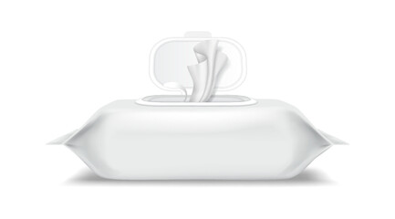 Highquality illustration of a wet wipes package with the lid open. Designed in a realistic style with a white color palette. Represents hygiene and convenience.