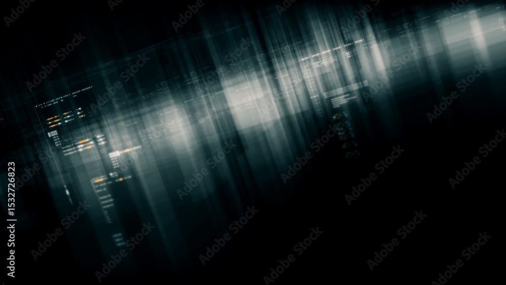 Poster Futuristic network simulation blending AI, quantum physics, and deep learning, with a particle matrix analyzing data in a sleek, background animation display