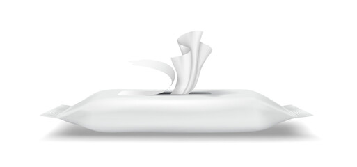 Vector illustration of a white wet wipes package in realistic style. Soft and clean design, primarily in shades of white. Ideal for hygiene and personal care promotions.