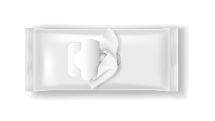 Realistic illustration of white wet wipe packaging with an open lid. Clean and simple design. Perfect for hygiene and personal care products. White background enhances the minimalist style.
