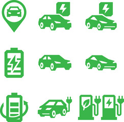 Green transport icon set with cars trucks buses and eco-friendly vehicles in vector illustration style