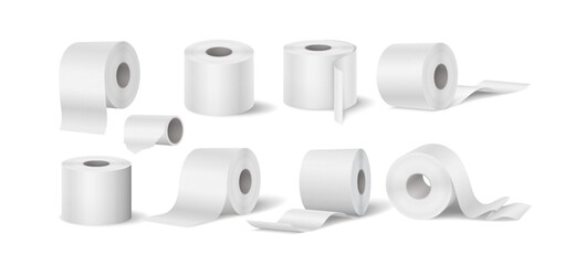Set of realistic toilet paper rolls in various positions. White, clean, and detailed. Perfect for bathroom product mockups and advertisements. Against a plain background.