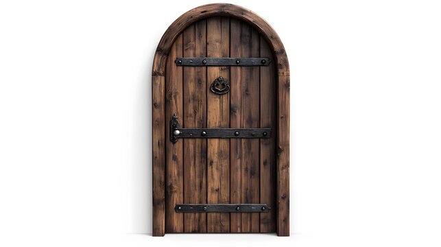 A wooden arched door with metal accents isolated on a white background.