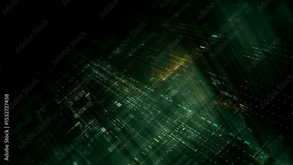 Poster Futuristic network simulation blending AI, quantum physics, and deep learning, with a particle matrix analyzing data in a sleek, background animation display