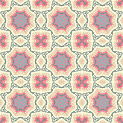 Patrón sin costuras Original. Colores pastel. Formas. Estampa. Textura. Fondo. Caleidoscopio. Simétrico. Infinito