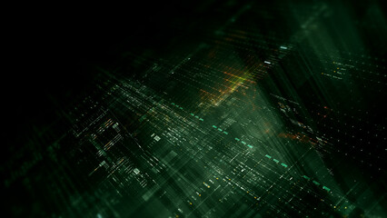 Futuristic network simulation blending AI, quantum physics, and deep learning, with a particle...