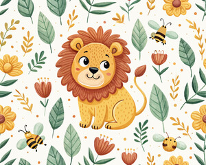 Seamless Scandinavian Lion Vector Illustration – Cute Hand-Drawn Animal Pattern for Nursery and Kids Decor