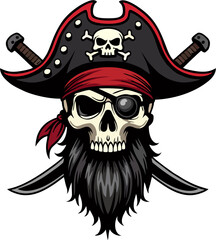 Pirate Skull with Eye Patch and Swords – Vector Beard Logo Illustration