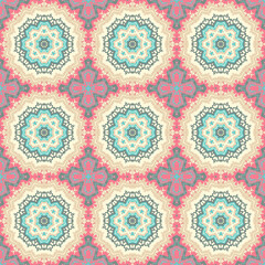 Fototapeta premium Patrón sin costuras Original. Colores pastel. Formas. Estampa. Textura. Fondo. Caleidoscopio. Simétrico. Infinito