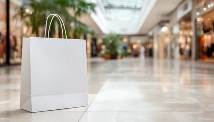 A blank white shopping bag rests on a polished floor inside a bright, modern shopping mall with blurred shoppers and stores in the background