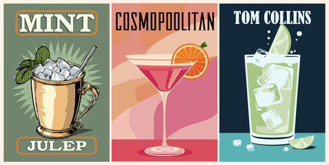 Set of cocktail posters in retro mid century modern style. Cosmopolitan, Mint Julep, Tom Collins alcohol drinks vector illustrations