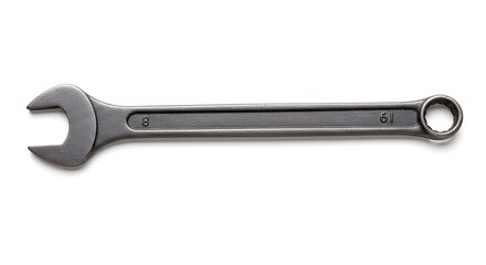 Single metal wrench on white background