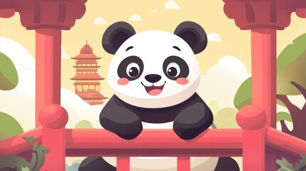 Cartoon Panda on Red Bridge with Pagoda and Trees