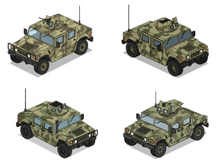 Isometric Camouflage Humvee Illustrations with Detailed Shading and Black Outlines