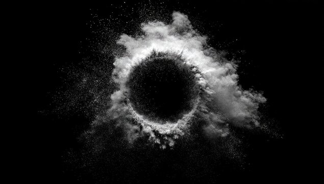 A grayscale image depicting a circular void surrounded by a billowing cloud of white dust or powder against a pure black backdrop. The dust cloud is textured and slightly uneven - Powered by Adobe