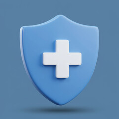 Obraz premium A medical-themed 3D shield with a cross symbol in the center, rendered with soft blue tones and realistic shadows, ideal for health-related content.