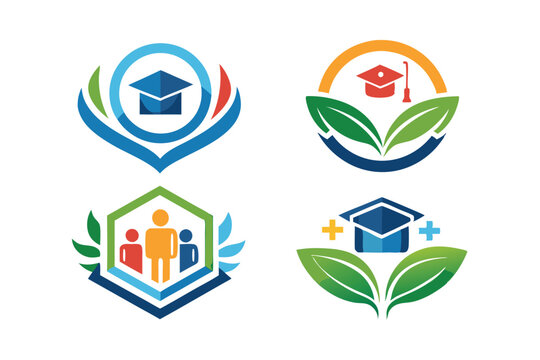Education Logos  Graduation Cap, Leaves, and Community Icons for Sustainable Learning