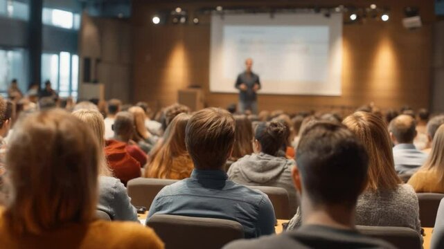 Mastering the Presentation: A captivating visual of a conference speaker presenting to a engaged audience, highlighting a pivotal moment.