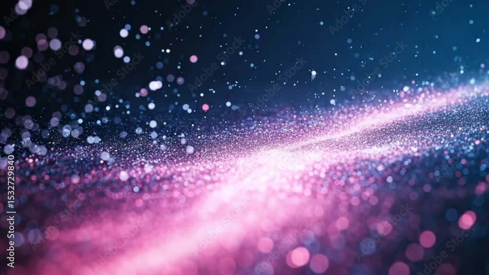 Poster abstract particle stream with a vibrant pink and blue glow in a dark background