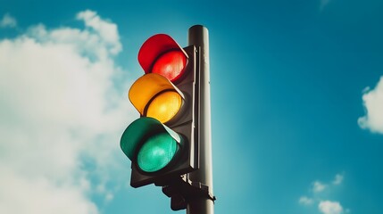 Traffic light showing red yellow and green against a blue sky day.
