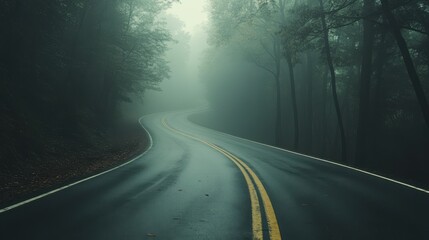 A foggy empty road winding through a dense forest, with mist hovering just above the asphalt.