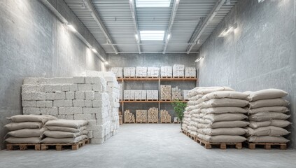 A spacious, minimalist warehouse interior with concrete walls, skylights, and stacks of burlap sacks and white blocks on wooden pallets.  Shelving displays additional goods